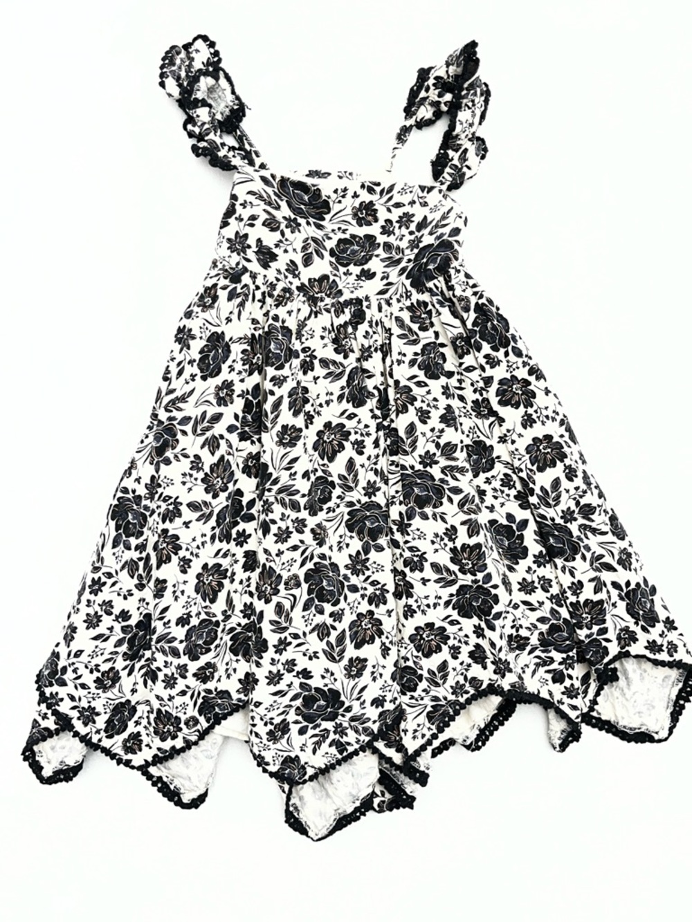 Joie Girls Floral Handkerchief Hem Dress Lace Strap Boho Party 2T Black White